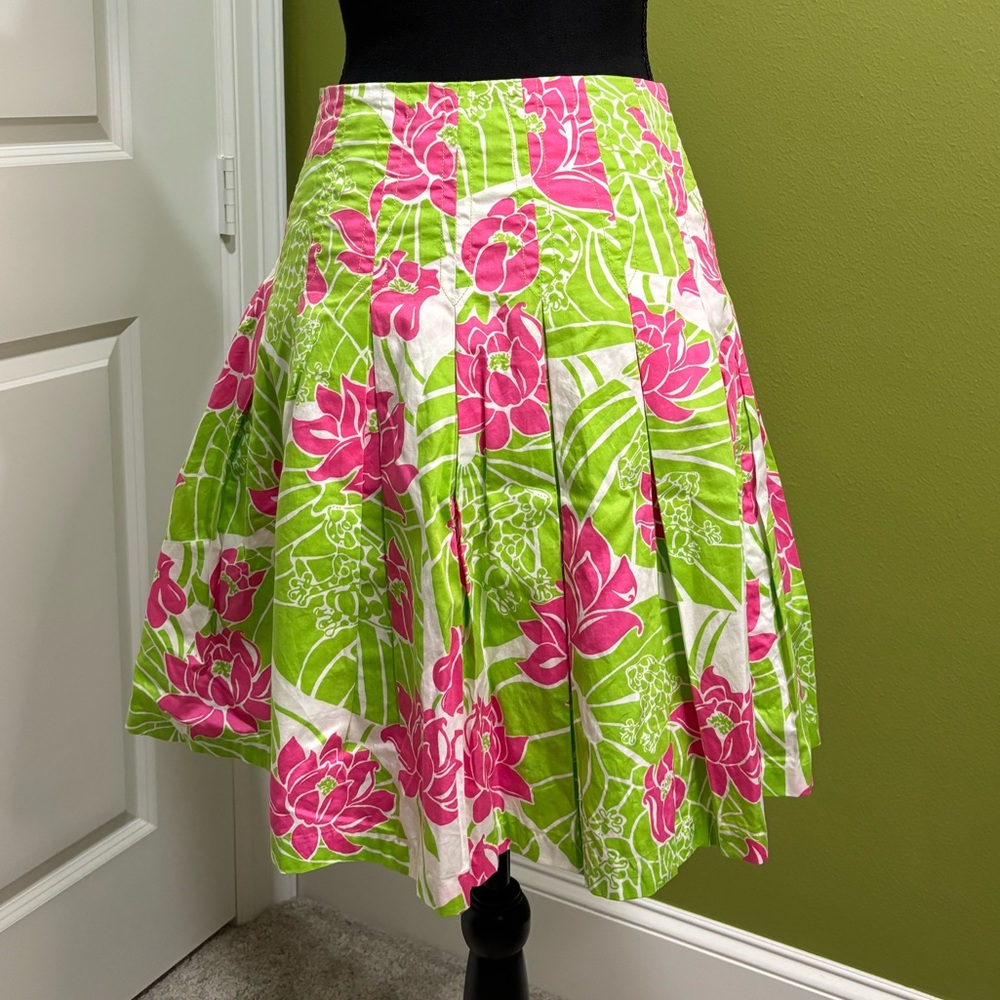 Lilly Pulitzer Pink Green Pleated Fit & Flare Skirt Frogs Lotus Flower S…